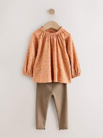 Orange Ditsy Floral Long Sleeve Blouse and Leggings Set