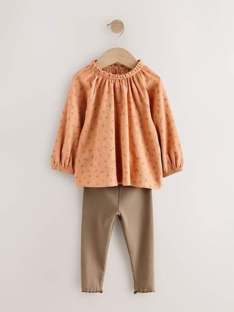 Orange Ditsy Floral Long Sleeve Blouse and Leggings Set