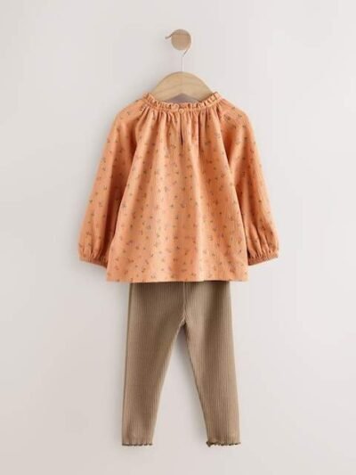 Orange Ditsy Floral Long Sleeve Blouse and Leggings Set