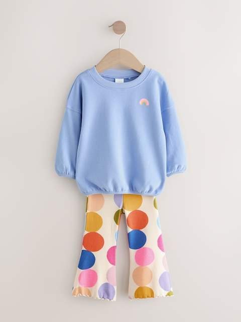 Blue Rainbow Spot Long Sleeve Top and Flare Set