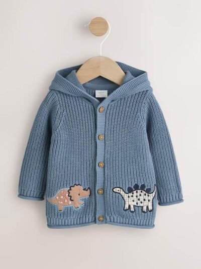 Navy Dinosaur Print Embroidered Baby Knitted Hooded Cardigan