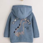 Navy Dinosaur Print Embroidered Baby Knitted Hooded Cardigan