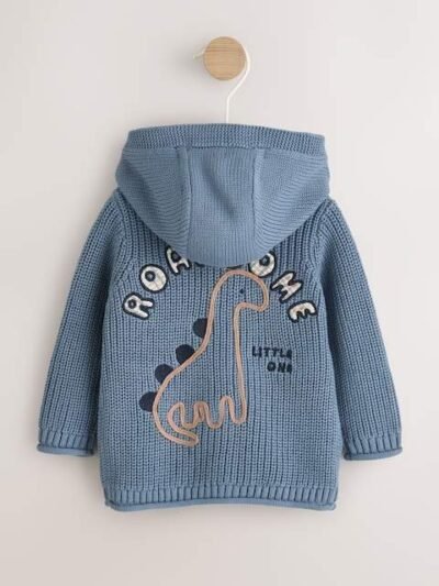 Navy Dinosaur Print Embroidered Baby Knitted Hooded Cardigan