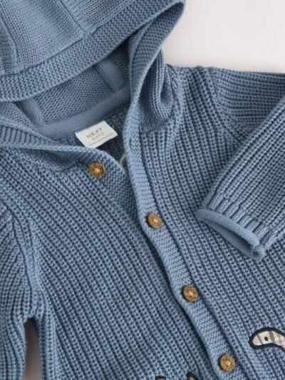 Navy Dinosaur Print Embroidered Baby Knitted Hooded Cardigan