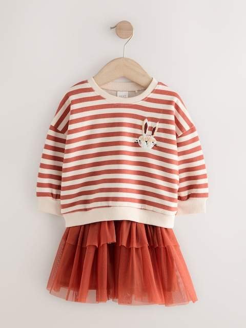 Orange Striped Long Sleeve Top and Skirt Set