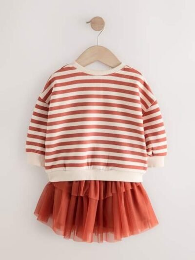 Orange Striped Long Sleeve Top and Skirt Set