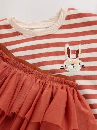 Orange Striped Long Sleeve Top and Skirt Set