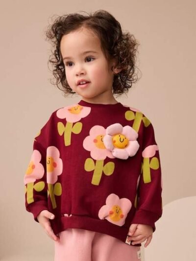 Burgundy Red Smiley Flower Print Crew Neck Sweatshirt