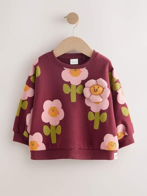 Burgundy Red Smiley Flower Print Crew Neck Sweatshirt