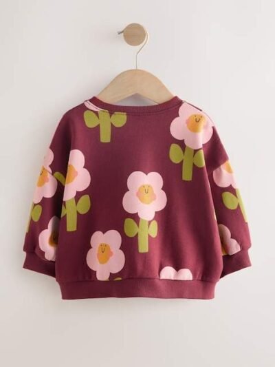Burgundy Red Smiley Flower Print Crew Neck Sweatshirt