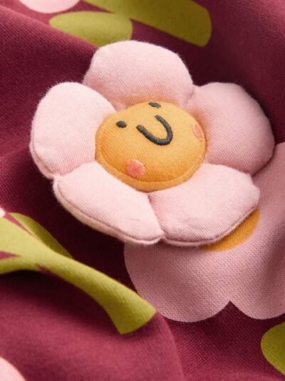 Burgundy Red Smiley Flower Print Crew Neck Sweatshirt