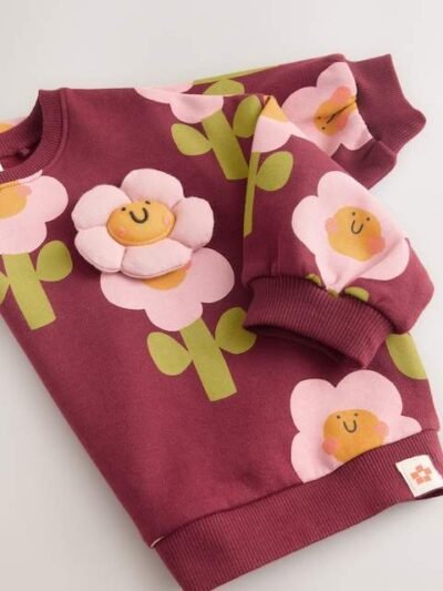 Burgundy Red Smiley Flower Print Crew Neck Sweatshirt
