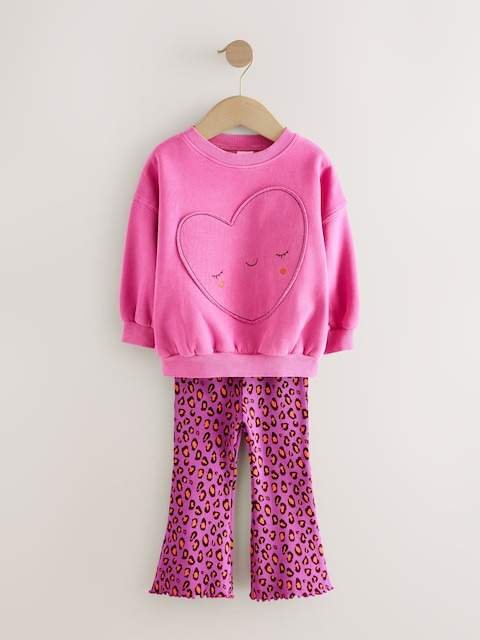 Pink Heart Animal Print Sweatshirt & Flare Leggings Set