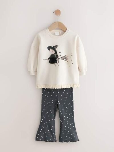 Cream Halloween Witch Frill Hem Sweatshirt & Flare Leggings Set