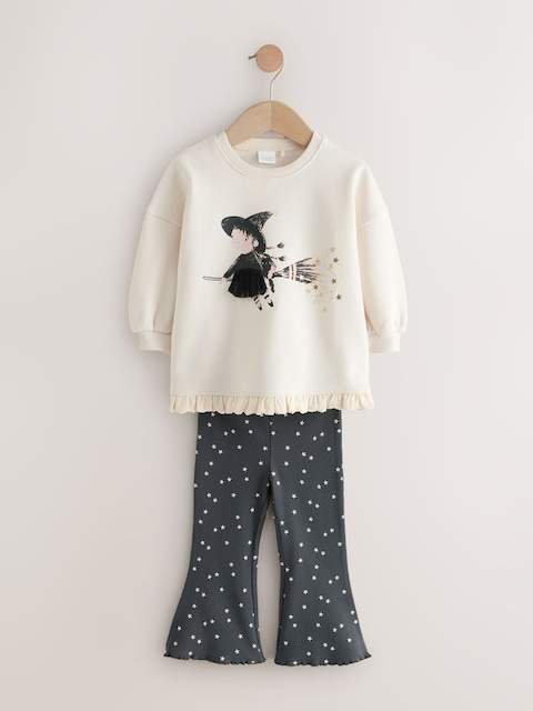 Cream Halloween Witch Frill Hem Sweatshirt & Flare Leggings Set