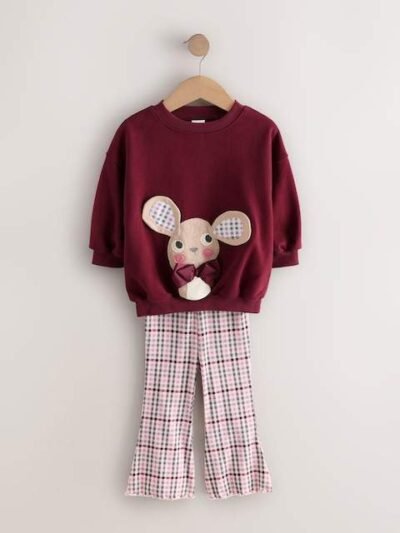 Burgundy Red Check Mouse Sweatshirt and Flare Leggings Set