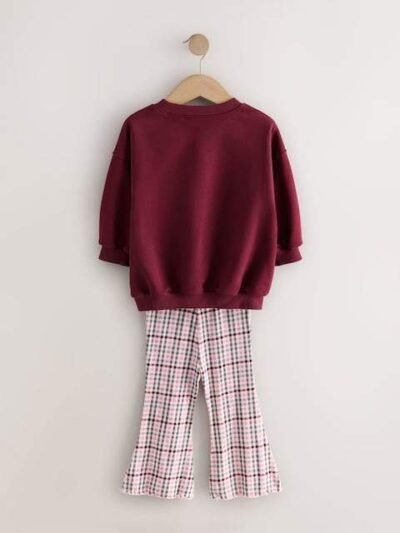 Burgundy Red Check Mouse Sweatshirt and Flare Leggings Set