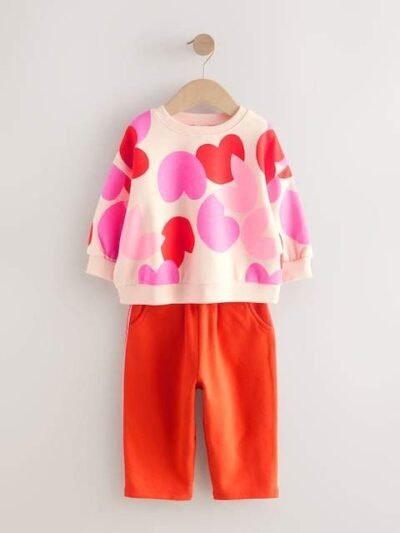 Pink/Red Heart Sweatshirt and Barrel Leg Joggers Set
