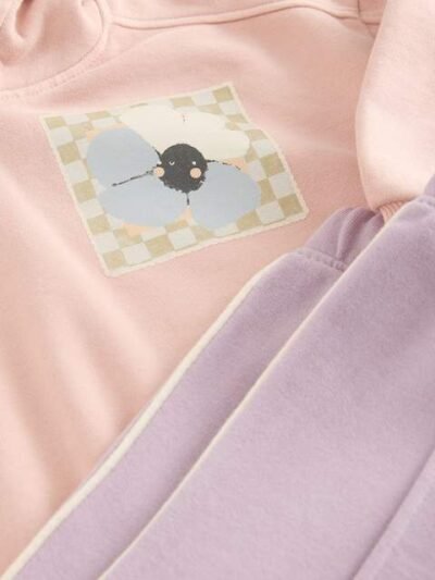 Light Pink Plant Graphic Print Hoodie & Wide Leg Joggers Set