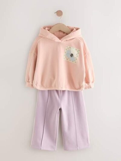 Light Pink Plant Graphic Print Hoodie & Wide Leg Joggers Set