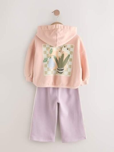 Light Pink Plant Graphic Print Hoodie & Wide Leg Joggers Set