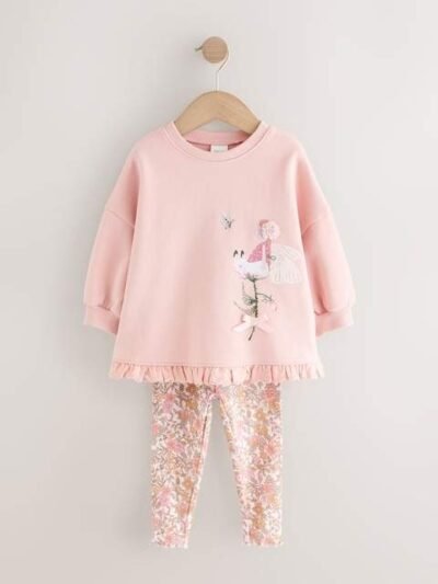 Pink Floral Fairy Frill Hem Sweatshirt & Leggings Set