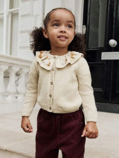 Ecru Floral Print Embellished Collar Cardigan