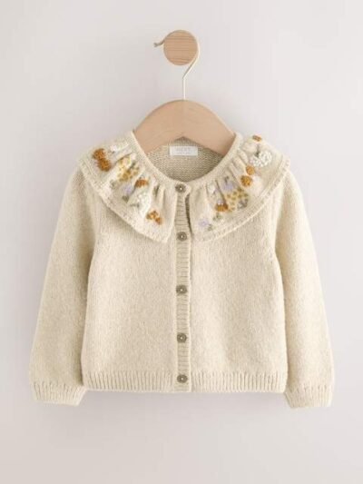 Ecru Floral Print Embellished Collar Cardigan