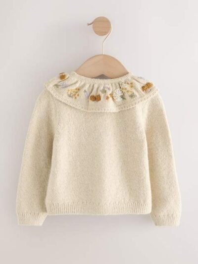 Ecru Floral Print Embellished Collar Cardigan