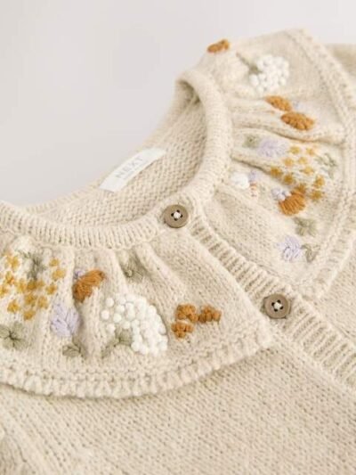 Ecru Floral Print Embellished Collar Cardigan