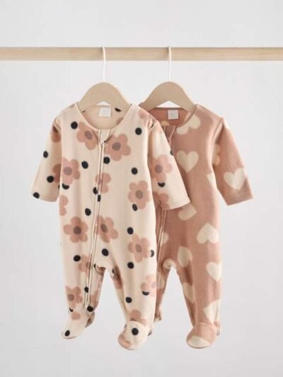 Neutral 2 Pack Micro Fleece Two Way Zip Baby Sleepsuits