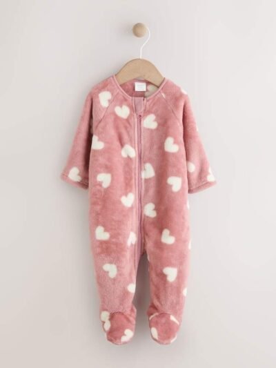 Pink Heart Print Baby Fleece Sleepsuit