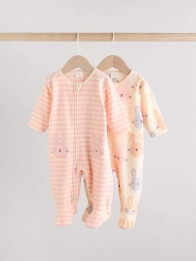 Pink 2 Pack Micro Fleece Two Way Zip Baby Sleepsuits