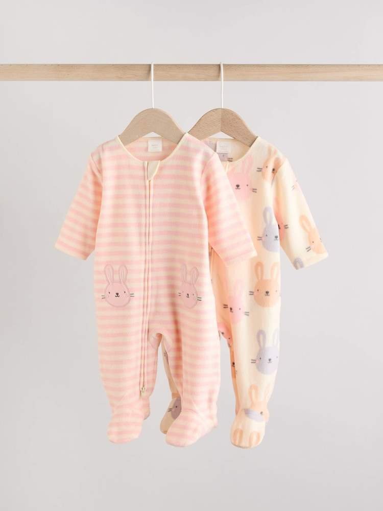 Pink 2 Pack Micro Fleece Two Way Zip Baby Sleepsuits