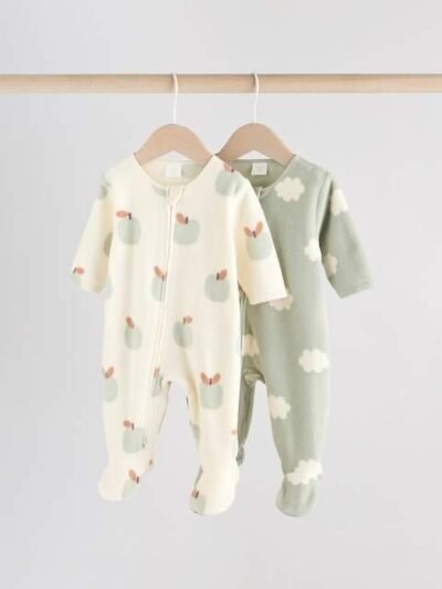 Sage Green Baby Micro Fleece Two Way Zip Sleepsuits 2 Pack