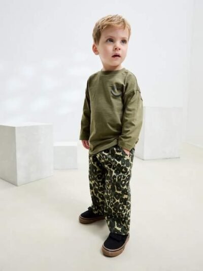 Green Leopard Print Pull On Wide Trousers