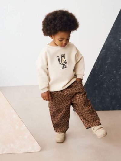 Tan Leopard Print Pull On Wide Trousers