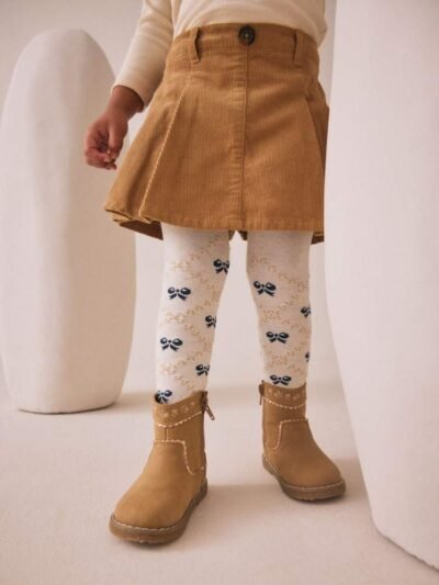 Tan Brown Corduroy Skirt with Bow Tights