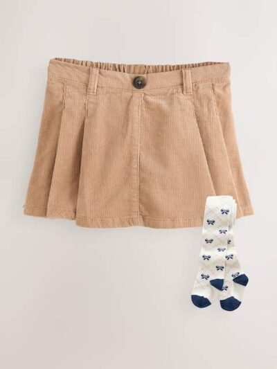 Tan Brown Corduroy Skirt with Bow Tights