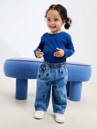 Mid Blue Denim Bow Embroidered Jeans