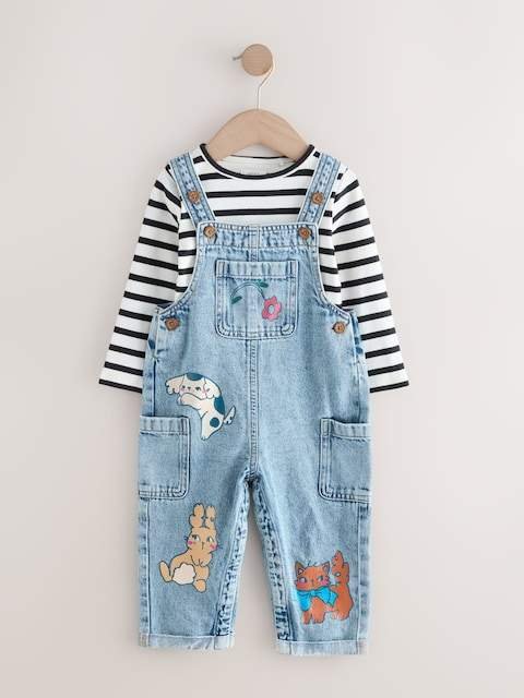 Mid Blue Denim Animal Print Dungarees and Stripe T-Shirt Set