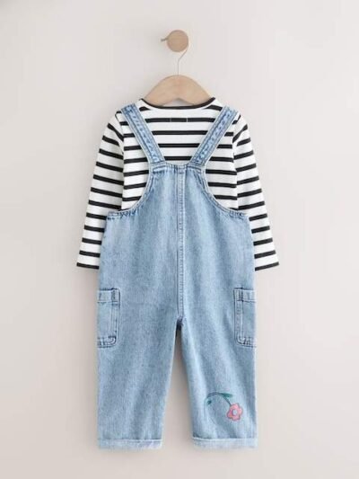 Mid Blue Denim Animal Print Dungarees and Stripe T-Shirt Set