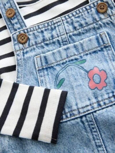 Mid Blue Denim Animal Print Dungarees and Stripe T-Shirt Set