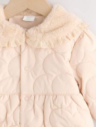 Neutral Oversized Collar Faux Fur Collar Quilted Baby Jacket