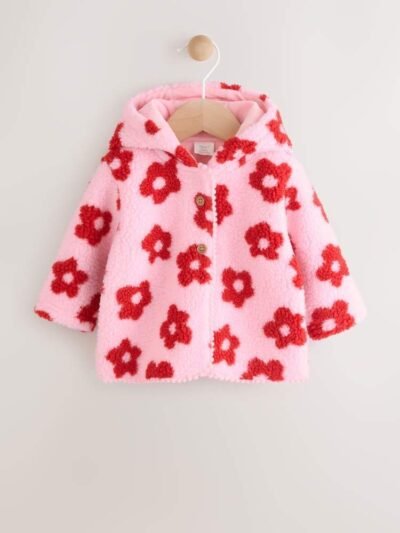 Pink Floral All Over Print Borg Hooded Baby Jacket