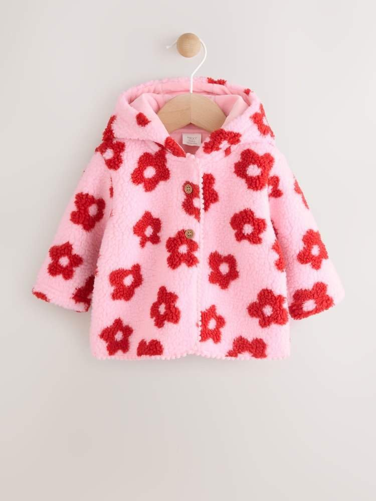 Pink Floral All Over Print Borg Hooded Baby Jacket