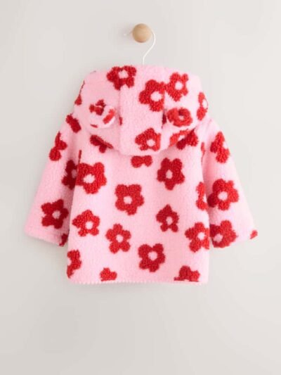 Pink Floral All Over Print Borg Hooded Baby Jacket