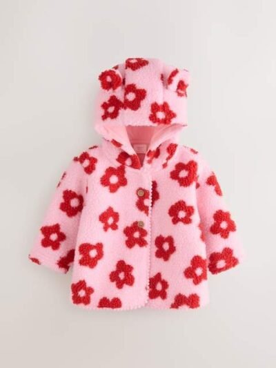 Pink Floral All Over Print Borg Hooded Baby Jacket