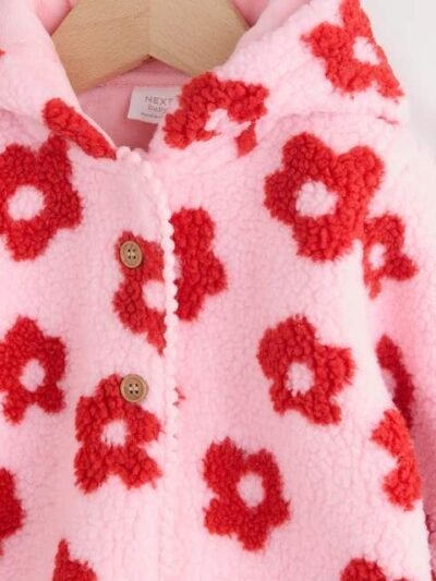 Pink Floral All Over Print Borg Hooded Baby Jacket