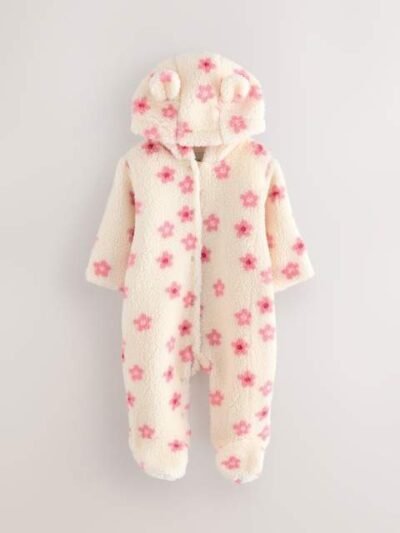 Ecru and Pink Floral Baby Borg Hooded Pramsuit